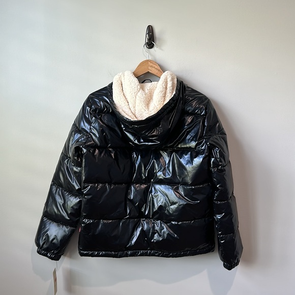 NWT Black Shiny Levi Strauss & Co Puffer Coat with Faux Sherpa Lined Hood S - Picture 6 of 6